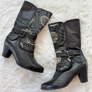 L’Artiste black floral embossed print mid-calf heeled boots leather size 40